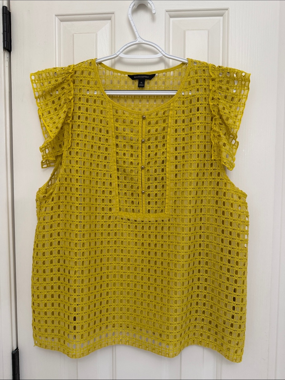 Banana Republic Yellow Crochet Flutter-Sleeve Buttoned Top